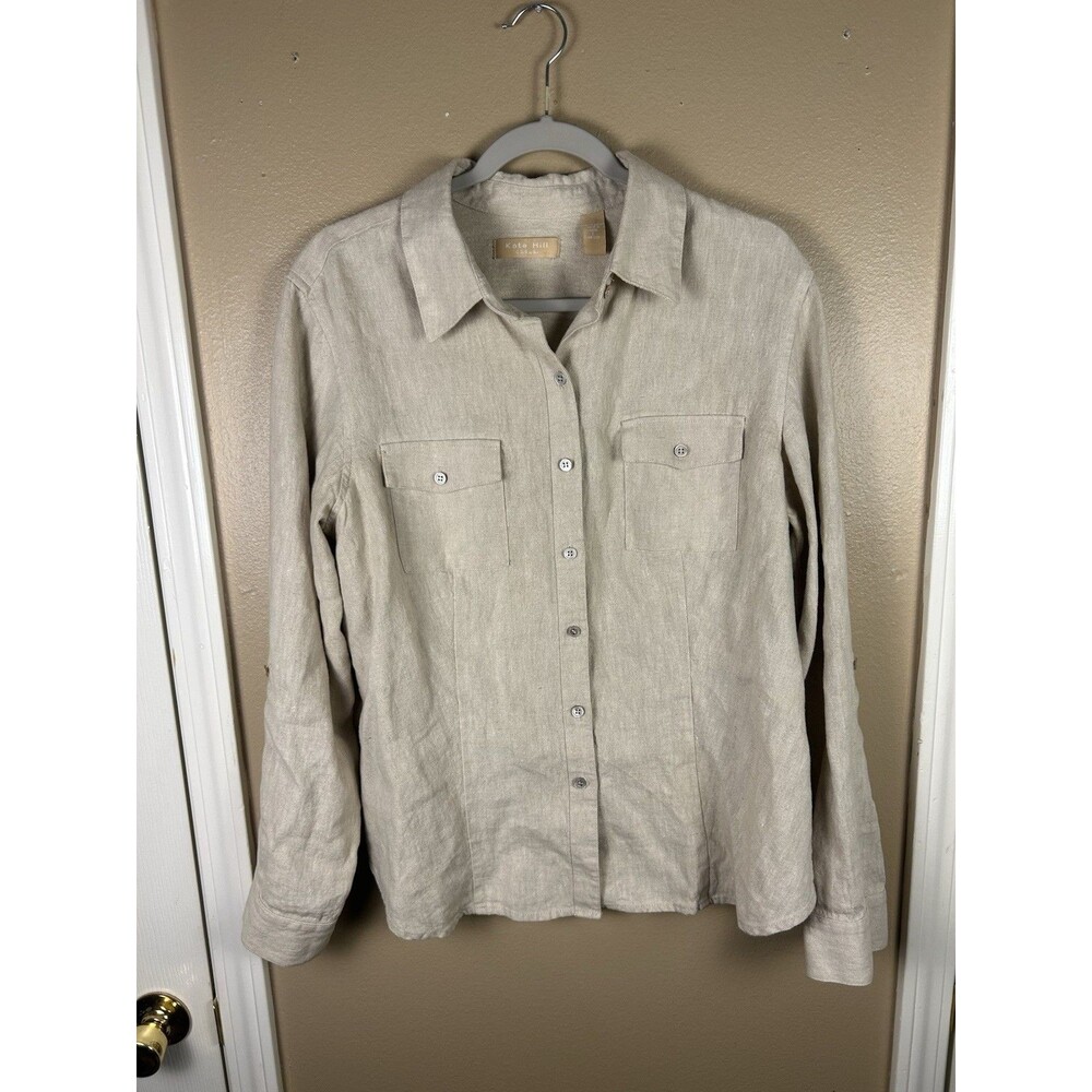 Kate Hill Top Womens L Beige Button Up Linen Long Sleeve Beach Minimal Resort